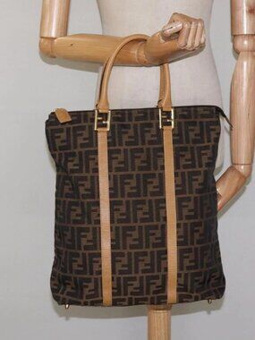 FENDI Zucca Canvas Hand Bag Black Brown gold Auth ar13475
